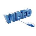 Blue 3d rendered text spelling video connected to a computer mouse illustrating online content creation and consumption Royalty Free Stock Photo