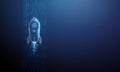 Blue 3d rocket flying in data stream. Technological acceleration, digital transformation, IT progress, cloud computing Royalty Free Stock Photo