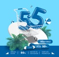 5.5 blue 3D in shopping cart and there are coconut trees, lifebuoys and mega sale promotion sign