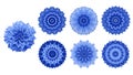 Blue Dahlia flower with 6 flower forms design elements kaleidoscope effect, abstract mandala floral pattern isolated on white Royalty Free Stock Photo