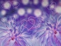 Blue dahlias flowers. blurred violet-blue background. Bright floral composition. card for the holiday. Loving heart.