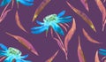 Blue daisy Echinacea flowers and leaves, hand painted watercolor illustration, seamless pattern design on purple background