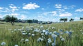 blue dandelions set against a peaceful background of swaying grass