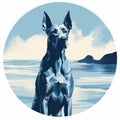 Blue Danish Dog On Beach: Monochromatic Graphic Design Illustration