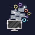 Blue dark background with brightness of display computer and gears mechanism with set program windows of programming Royalty Free Stock Photo