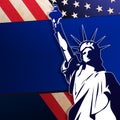 Blue dark composition with USA flag texture, design component, statue silhouette Royalty Free Stock Photo