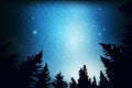 Blue dark night sky with many stars above field of trees. Milky way cosmos background. Space landscape.