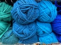 Blue and dark blue range of wool yarn. Royalty Free Stock Photo