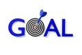 Blue dart arrow hitting center of goal target on the word goal over white background, success, goal achievement or performance Royalty Free Stock Photo