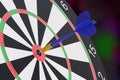 Blue dart stuck in the center of a target. 3d illustration