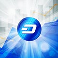 Blue Dash cryptocurrency in the bright rays on background with s