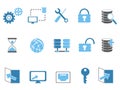 Blue database technology icons set