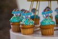 Blue decorated cupcakes on a wooden table