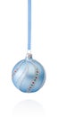 Blue decorations Christmas ball hanging on ribbon Isolated Royalty Free Stock Photo