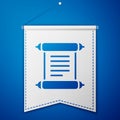 Blue Decree, paper, parchment, scroll icon icon isolated on blue background. White pennant template. Vector