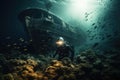 Blue deep scuba ship sea ocean diver fish reef shipwreck water wreck underwater Royalty Free Stock Photo