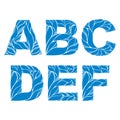 Blue delicate capital letters with marine ornament. Spring font