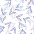 Blue delicate leaves and branches seamless pattern on white. Watercolor