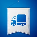 Blue Delivery cargo truck vehicle icon isolated on blue background. White pennant template. Vector Royalty Free Stock Photo