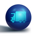 Blue Delivery cargo truck vehicle icon isolated on white background. Blue circle button. Vector Royalty Free Stock Photo