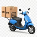 Blue delivery scooter with cardboard box on a white background isolated on white background Royalty Free Stock Photo