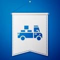 Blue Delivery truck with cardboard boxes behind icon isolated on blue background. White pennant template. Vector Royalty Free Stock Photo