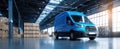 The blue delivery truck parked inside a spacious warehouse filled with boxes..AI generated image Royalty Free Stock Photo