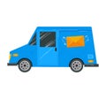 Blue delivery van with flying envelope on side. Fast shipping and mail delivery service concept. Vector illustration. Royalty Free Stock Photo