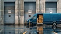 blue delivery van at warehouse. AI generated Royalty Free Stock Photo