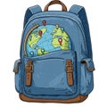 A blue denim backpack with brown leather straps features an illustration of a globe on Royalty Free Stock Photo