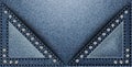 Blue denim banner with triangle elements with stitches and sequins Royalty Free Stock Photo