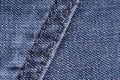 Blue denim. Cotton fabric, jeans. Creative vintage background. Pocket and zipper. The line is of poor quality. Cheap item Royalty Free Stock Photo