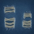 Blue denim fabric featuring two rectangular distressed patches. Royalty Free Stock Photo