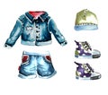 Blue denim jacket and shorts, polka-dot sneakers and sports hat.