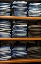 Blue denim jeans in rack in a clothing store