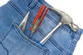 Blue denim jeans with tools. Copy space concept Royalty Free Stock Photo
