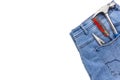 Blue denim jeans with tools. Copy space concept Royalty Free Stock Photo