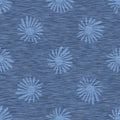 Blue denim marl seamless pattern with patterned daisy. Jeans bleached texture fabric textile. Vector dyed cotton melange t shirt