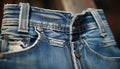Blue denim pants with textured effect and leather pocket detail generated by AI