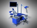 Blue dental chair with blue bedside table 3d rendering on gray b Royalty Free Stock Photo