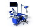 Blue dental chair with blue bedside table 3d rendering on white Royalty Free Stock Photo