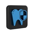 Blue Dental protection icon isolated on transparent background. Tooth on shield logo. Black square button.