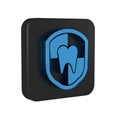 Blue Dental protection icon isolated on transparent background. Tooth on shield logo. Black square button.