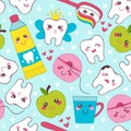 Blue dental seamless pattern with healthy teeth