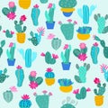 Cactus and leaves seamless pattern, blue background