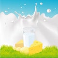 Blue design with dairy product on green grass and milk splash - vector