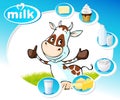 Blue design with dairy products and funny cow - vector