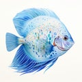 Blue Diamond Discus Fish Watercolour Painting On White Background