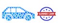 Blue Diamond Mosaic Car Icon and Scratched Bicolor Summer Camp Stamp