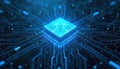 Blue diamond processor core glows bright on complex circuit board. Digital data flow network connects intricate pathways. Royalty Free Stock Photo